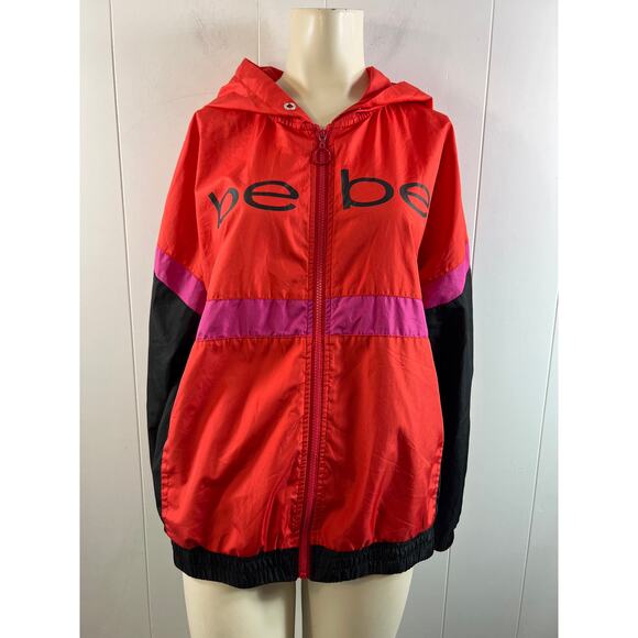 Bebe retro full zip windbreaker jacket in red, black and fuchsia. Size XL. - Picture 1 of 9
